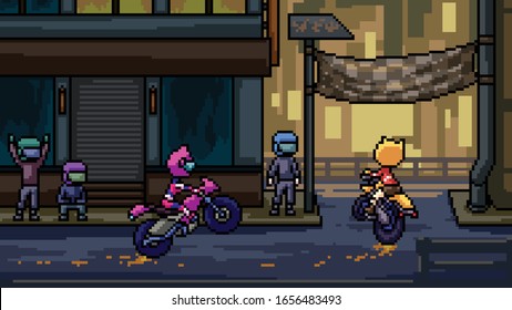 vector pixel art scene biker race