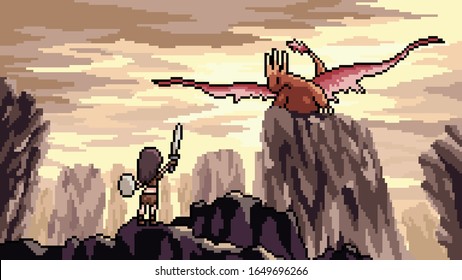 Vector Pixel Art Scene Dragon Fight Stock Vector (Royalty Free