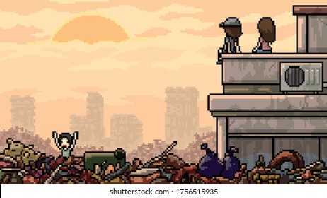 Vector Pixel Art Scene Junk Flood City