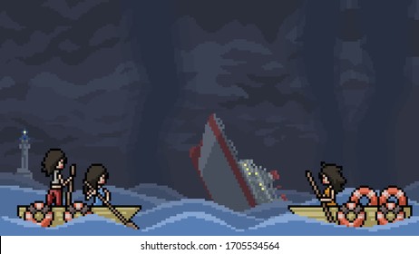 Vector Pixel Art Scene Shipwreck Survivor