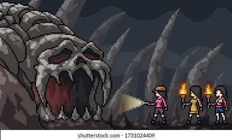 vector pixel art scene skull cave