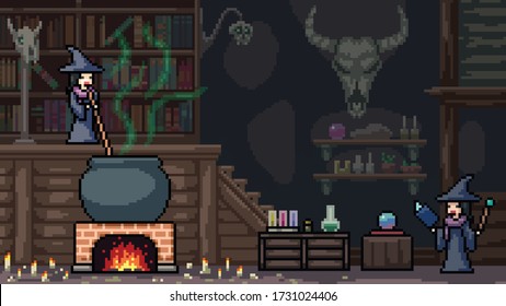 vector pixel art scene witchcraft ritual