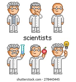 Vector pixel art scientist. Doctor, professor, teacher, chemist and biologist.