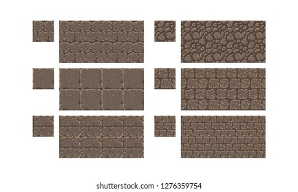 Vector pixel art seamless ancient stone texture. Old brown brick wall. Several patterns of square and round stones. Retro arcade 8-bit game element.