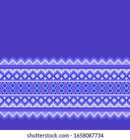 Vector Pixel art seamless border texture ethnic cross stitch pattern, cold winter coloring, for design of linen fabric, kitchen textiles.