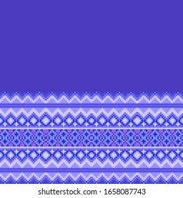 Vector Pixel art seamless border texture ethnic cross stitch pattern, cold winter coloring, for design of linen fabric, kitchen textiles.