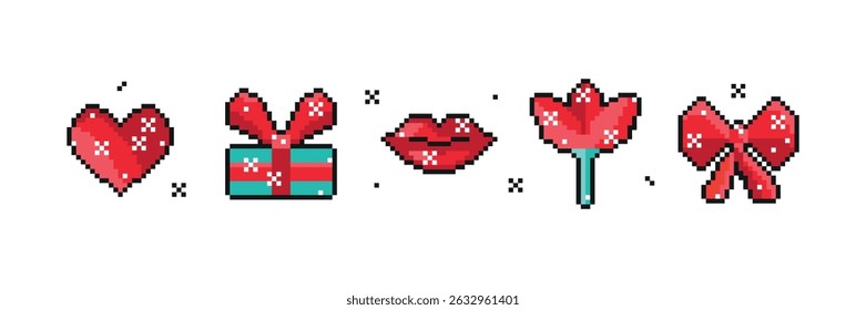 Vector Pixel Art Set with Cute Items. 8 bit pixel illustration of Heart, Gift Box, Lips, Tulip Flower, Bow. For Games, Valentine, Birthday, Holiday design