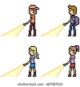vector pixel art set flashlight walk isolated