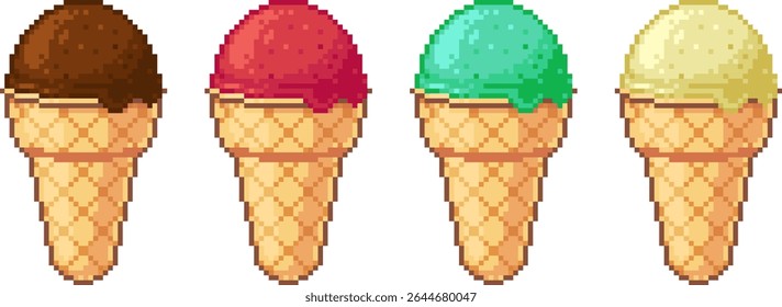 Vetor pixel art conjunto de quatro waffle cones com diferentes colheres de sorvete. Sabores de chocolate, morango, pistache e baunilha. Isolado no fundo branco.