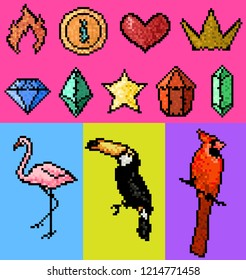 Vector pixel art set for game design, flamingo, star, crystal, crown, exotic birds