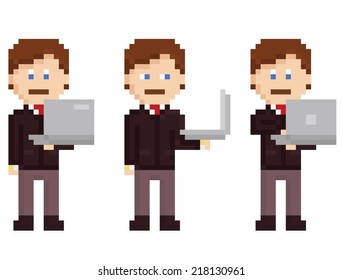 vector pixel art set - person holding laptop