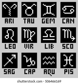 vector pixel art set of zodiac signs in black and white with name