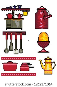 Vector pixel art. Shelf in the kitchen. Best for fabric, textile, wrapping paper. Decoration for kitchen