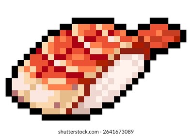Vector pixel art of shrimp or prawn nigiri or ebi nigiri sushi for lunch or dinner for sticker, element, icon, game