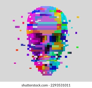 Calavera de arte de píxeles vectoriales. Efecto de desintegración del fallo 3d. Diseño de estilo videojuego retro de color neón.