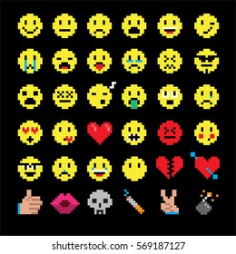 pixel art emoji images stock photos vectors shutterstock https www shutterstock com image vector vector pixel art smiley emoticon set 569187127