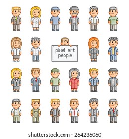 Vector pixel art smiling people. Retro video game. Vector pixel people.