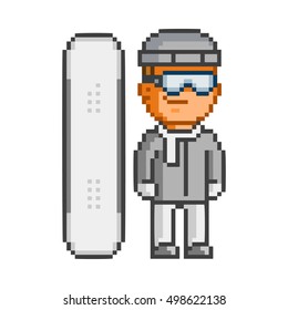 Vector pixel art snowboarder and snowboard on white background.