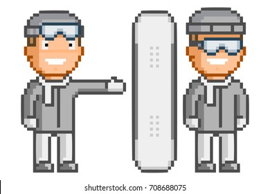 Vector pixel art snowboarder and snowboard on white background.