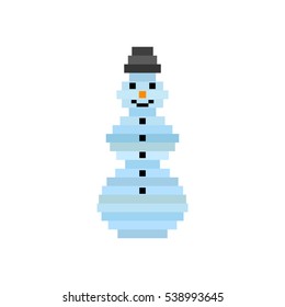 Vector pixel art snowman. Christmas background, greeting card for New Year
