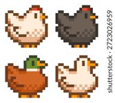 Vector pixel art sprites of white chicken and dark gray with a red comb and wattle and brown duck with a green head and white duck for game, icon, element, sticker 