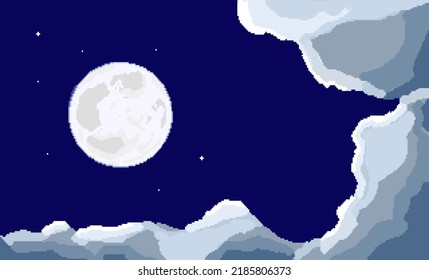 vector pixel art style, old videogames style, retro style 18 bit full moon in the night background vector