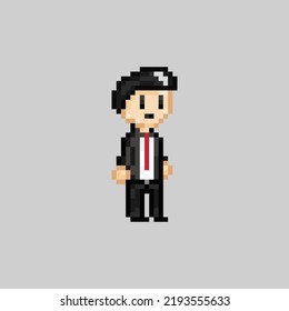 vector pixel art style, old videogames style, retro style 18 bit male bussines man, male office worker, male worker with black hair vector 