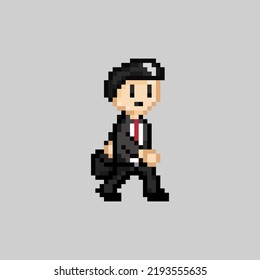 Vector Pixel Art Style, Old Videogames Style, Retro Style 18 Bit  Male Bussines Man Walking , Male Office Worker, Male Worker With Black Hair Vector 