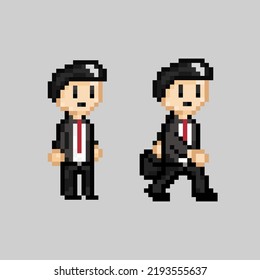 Vector Pixel Art Style, Old Videogames Style, Retro Style 18 Bit Male Bussines Man, Male Office Worker, Male Worker With Black Hair Vector 