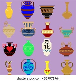 Vector pixel art style vase collection