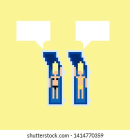 Vector pixel art summer beach illustration two blonde sunbathe dialog
