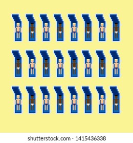 Vector pixel art summer beach illustration different men sunbathe
