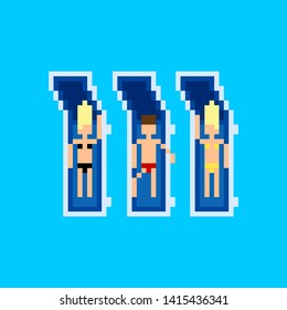 Vector pixel art summer beach illustration one men and two women sunbathe