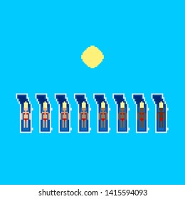 Vector pixel art summer beach illustration eight women sunbathe