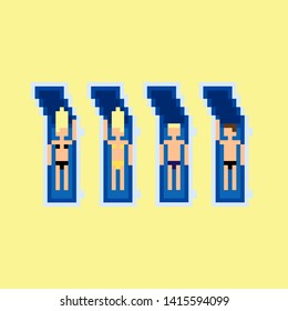 Vector pixel art summer beach illustration sunbathe two men and two women