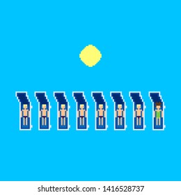 Vector pixel art summer beach illustration much men and one women sunbathe