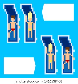 Vector pixel art summer beach illustration different men and women sunbathe two pair