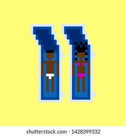 Vector pixel art summer beach illustration black man and woman dialog