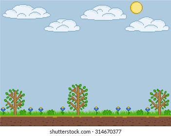 Vector pixel art summer sunny day for games and design