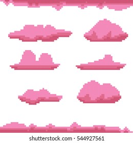 vector pixel art sunset pink clouds isolated on white background. vector pixel clouds set for games and mobile applications.