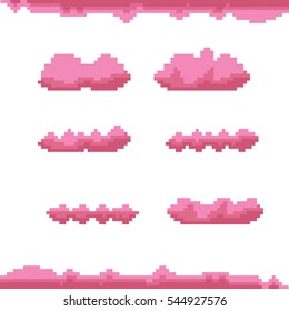 vector pixel art sunset pink clouds isolated on white background. vector pixel clouds set for games and mobile applications.