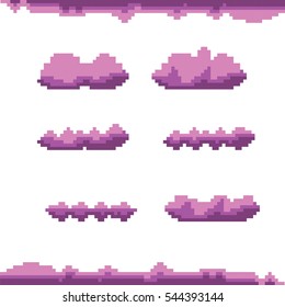 vector pixel art sunset violet clouds isolated on white background. vector pixel clouds set for games and mobile applications.