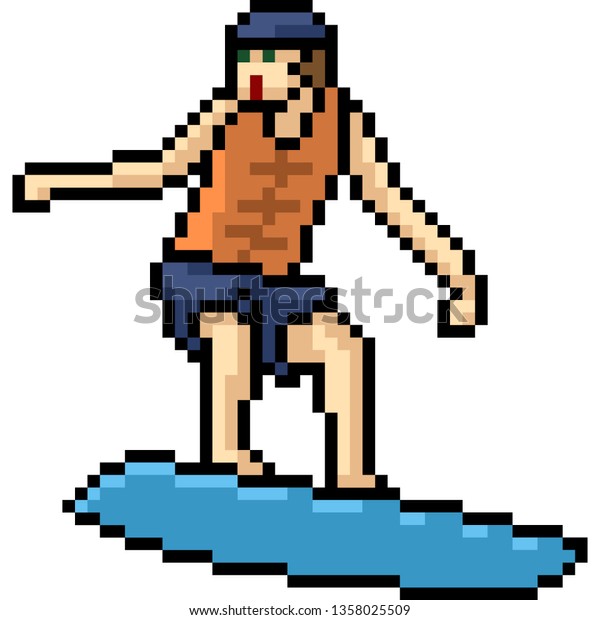 Vector Pixel Art Surfboard Play Isolated Stock Vector Royalty