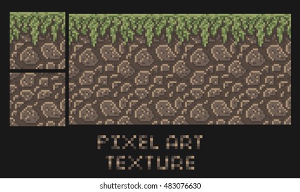 Vector pixel art texture of stone dirt land with grass platformer seamless pattern for game development