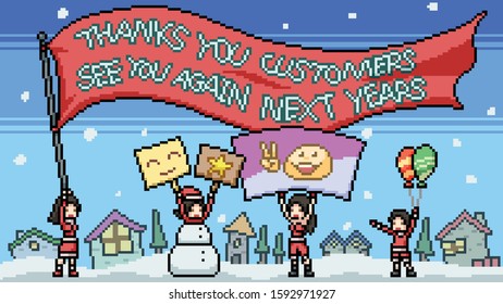 vector pixel art thank you customers cartoon scene