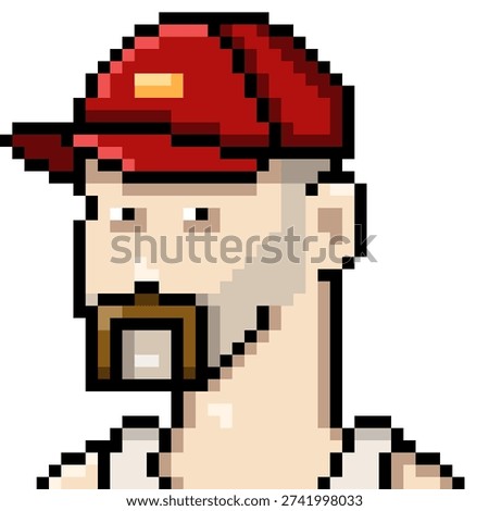 Vector Pixel Art Userpic of Man with Moustache in Red Baseball Cap. 