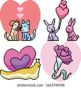 vector pixel art valentine pet isolated set