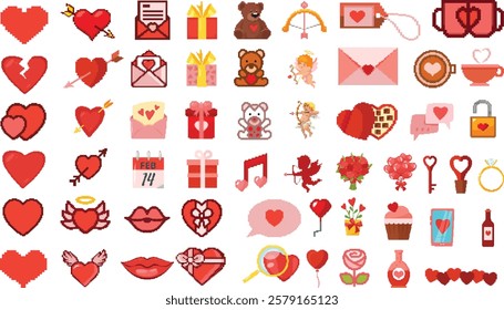 Vector pixel art Valentine's Day icon set featuring love-themed elements like hearts, gifts, teddy bears, cupid, roses, love letters, chocolates and romantic symbols. Perfect for greeting cards. Set.