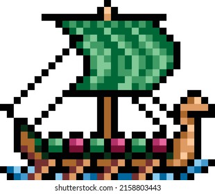 vector pixel art viking ship icon. Graphics 256 colors. zerevyanny ships with shields. Green sail. Icon for the game.