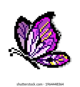 Vector pixel art of violet with yellow butterfly isolated on white background